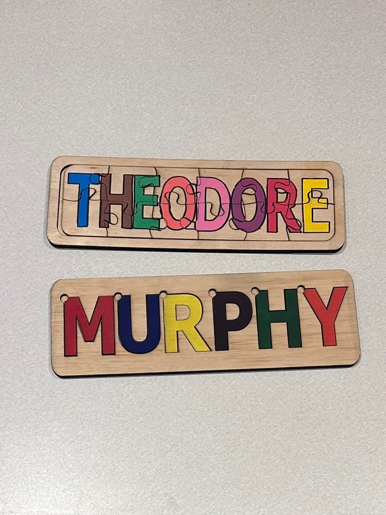 Colourful wooden name puzzles for Theodore and Murphy