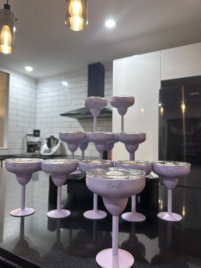 Pink metal cocktail cups personalised for a hen's night